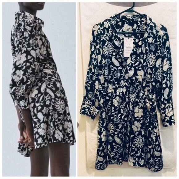 Zara Dress Navy with White Floral Design small - Picture 2 of 7